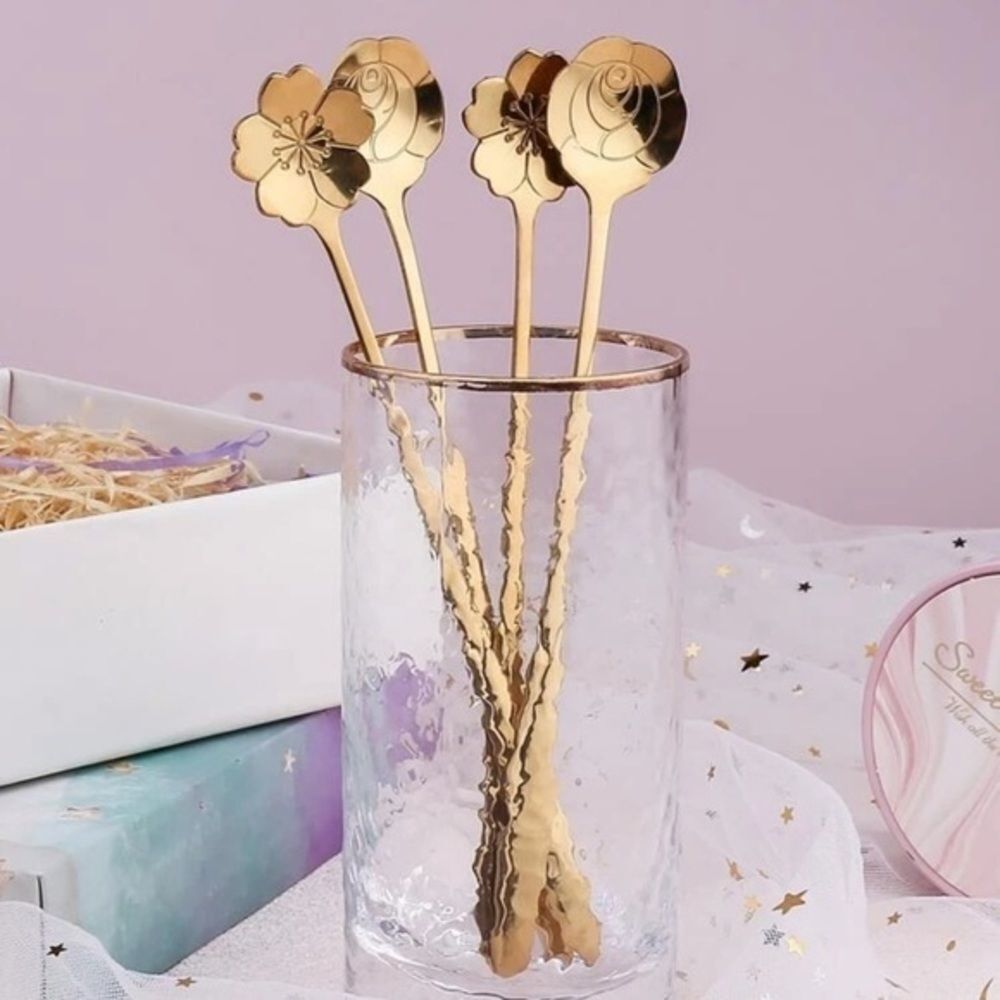 Set of 4 Stainless steel gold color floral spoons